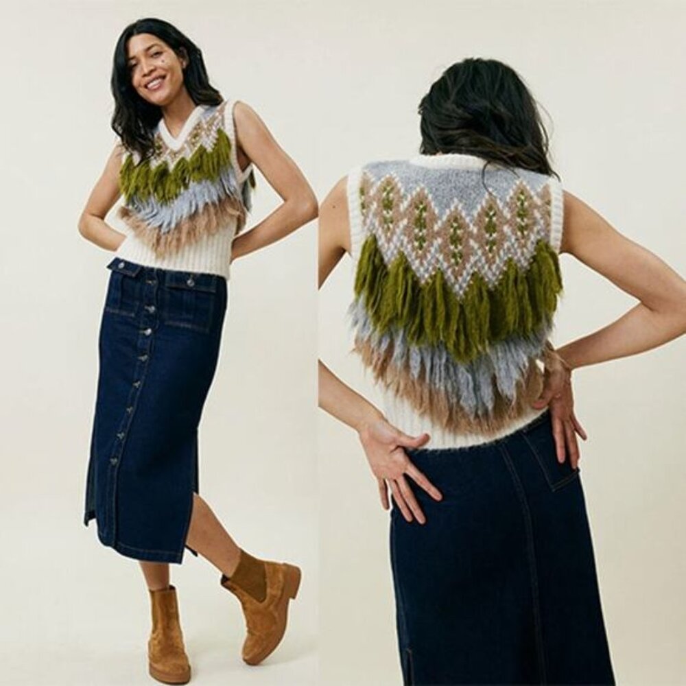 NEW Lingua Franca Mariel Fluffy Alpaca Blend V-Neck Vest in Cloud Size: Large